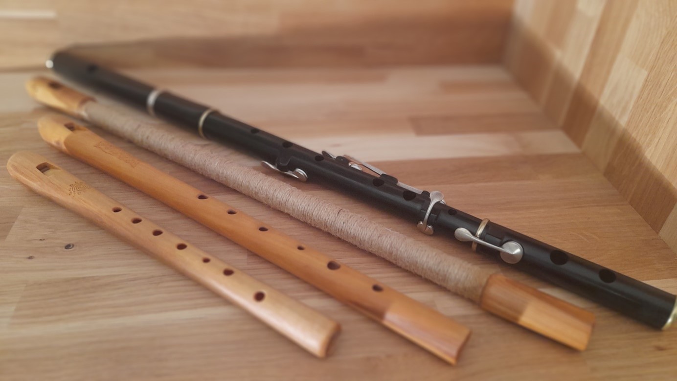 Svirels, a kalyuka, and a wooden traverse flute